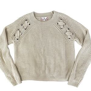 Pink Rose Knitted Long Sleeve Sweater in Cream Beige Size L